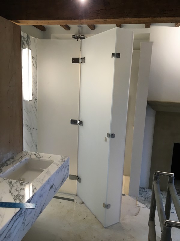 Bespoke frosted glass shower enclosure in Fulham luxury bathroom